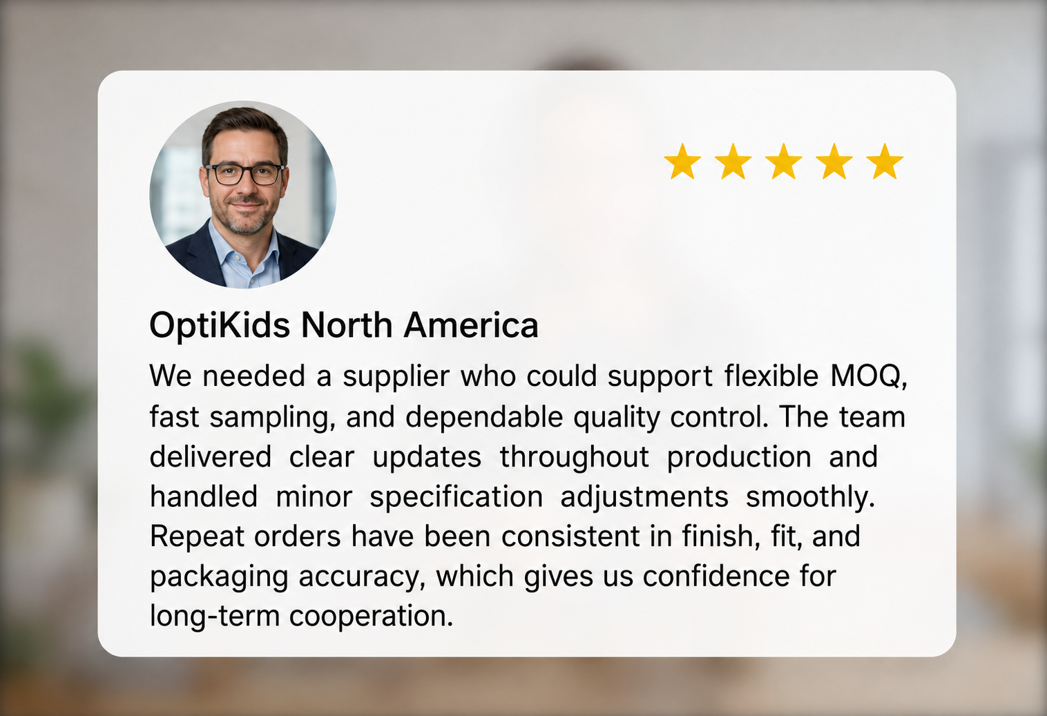Buyer testimonial visual for wholesale support